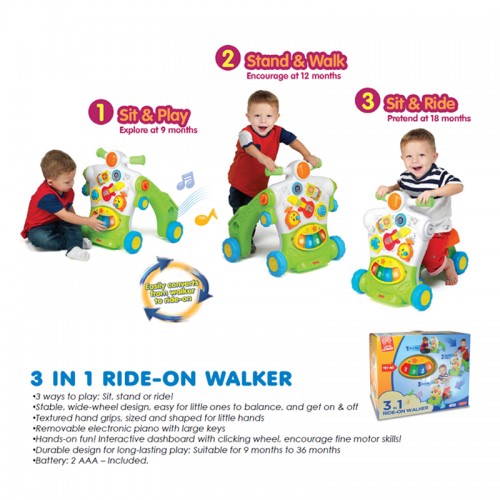 Hap-P-Kid Little Learner 3-in-1 Musical Ride On Walker | Play | Walk | Ride | 9 -36 months